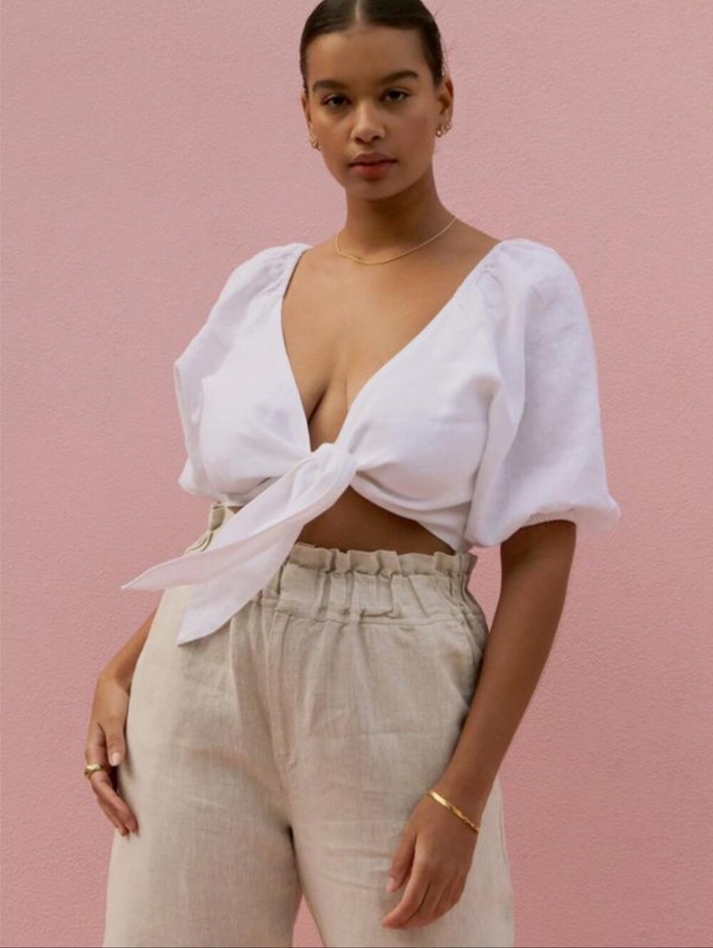 Posse Mia White Linen Front Tie Cropped Top